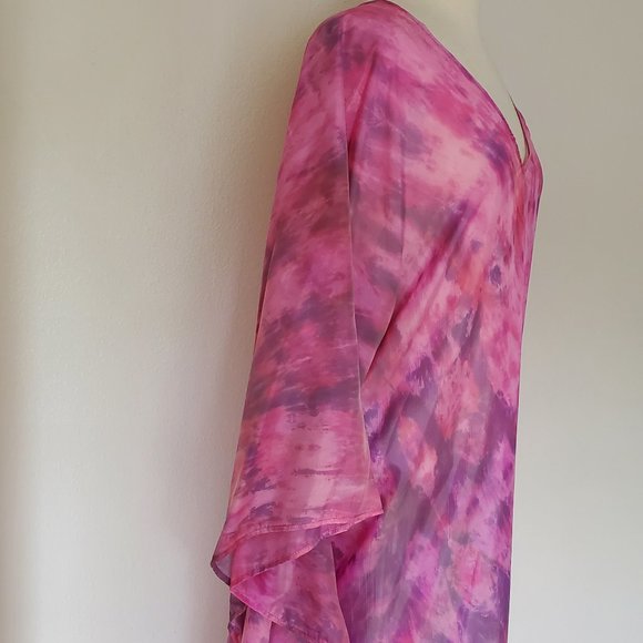 Silk Caftan Kaftan beach coverup resortwear midi S M L XL pink purple tie dyed - Picture 3 of 10